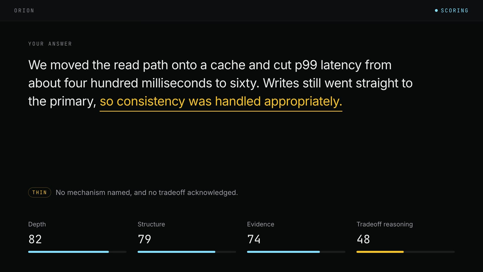 Example OpenSkill feedback showing a candidate's exact answer, the missing tradeoff, and scores for depth, structure, evidence, and reasoning