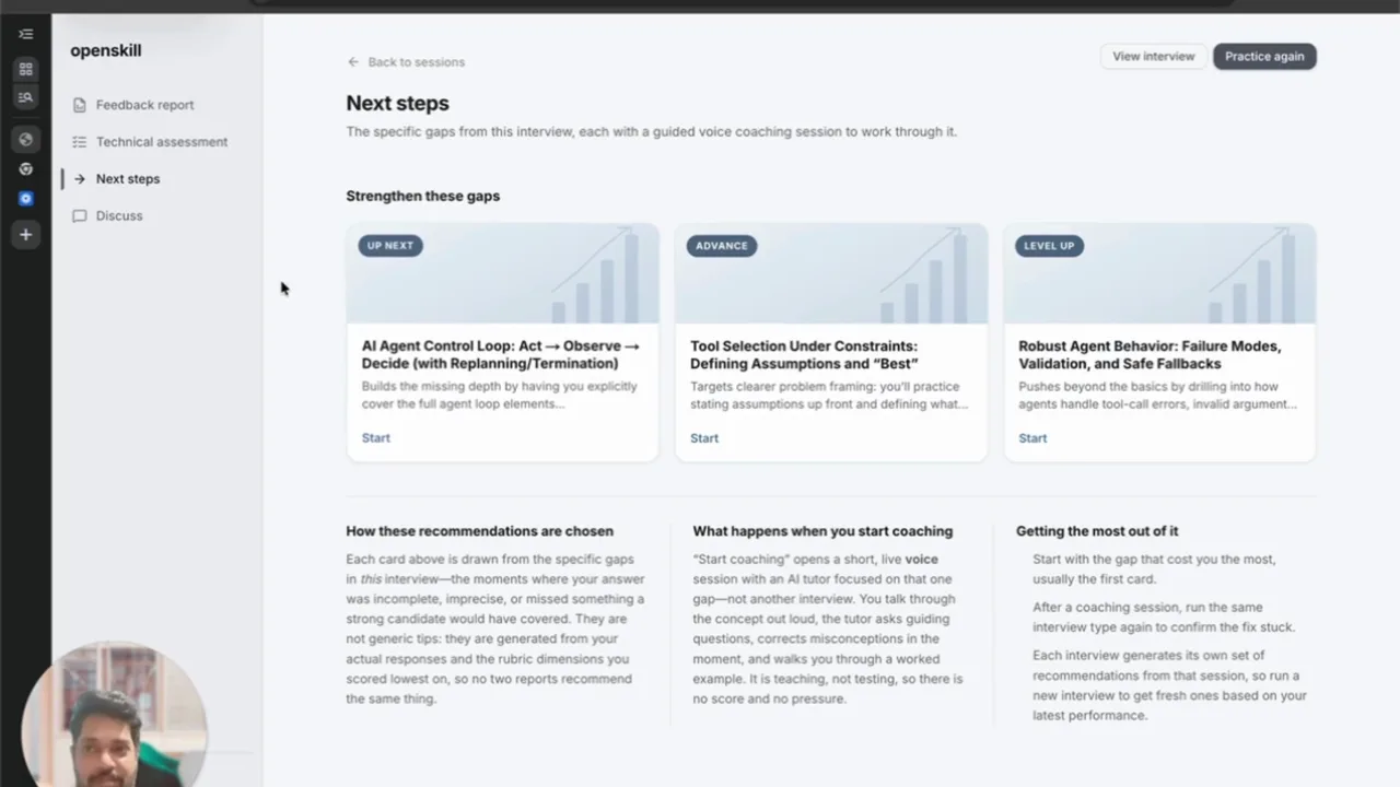 Openskill feedback report after a behavioral interview practice session, showing scored competencies and next practice steps
